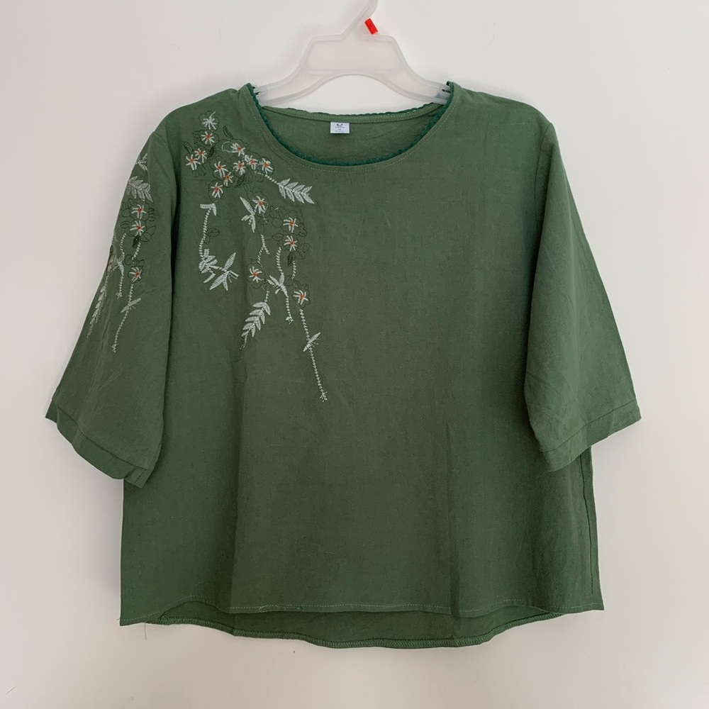 Womens Embellished Linen Shirt Green EUC Embellished Embroidered Boho Summer
